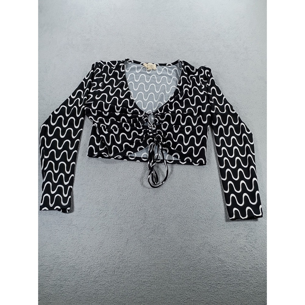 Meraki Womens Crop Top Black White Wavy Print XL Front Tie Long Sleeve